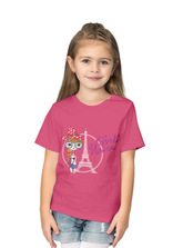 Girls Cotton Candy Pink TShirt featuring a playful design with Eiffel Tower and stylish girl illustration.